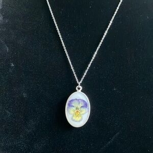 Purple‎ and Yellow Pressed Pansy Flower Classic Oval Pendant Necklace